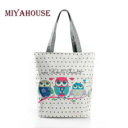 Floral and Owl Printed Women'S Casual Tote Female Daily Use Female Shopping Bag Ladies Single Shoulder Handbag Simple Beach Bag