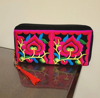 Women'S Wallet Ethnic Embroidery Women Long Wallet High-Capacity Zipper Wallet Canvas Purses Clutch Bags Female Bag