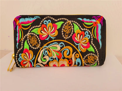 Women'S Wallet Ethnic Embroidery Women Long Wallet High-Capacity Zipper Wallet Canvas Purses Clutch Bags Female Bag